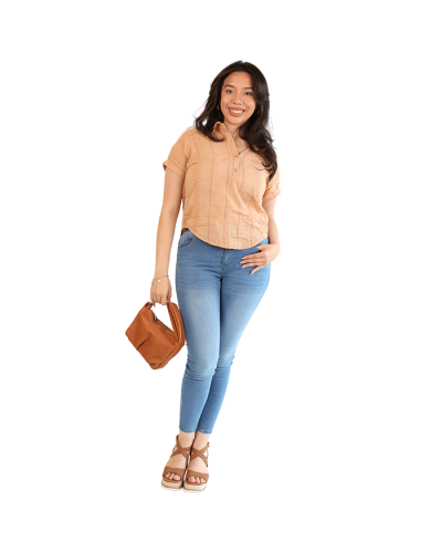 "Chocolate" Short Sleeve Jace Cotton Button-Down Top
