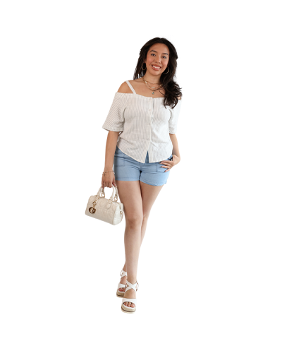 The women's contemporary model wears the white 