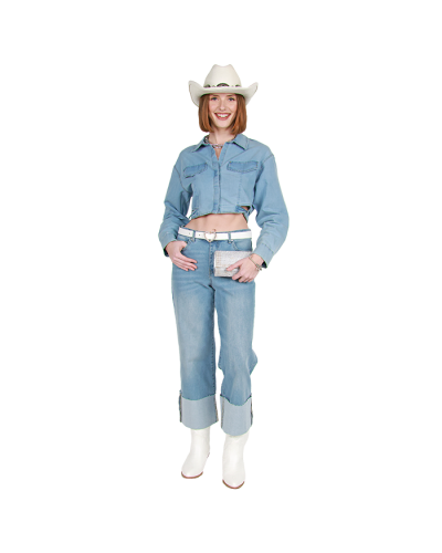 The women's contemporary model wears the light wash 
