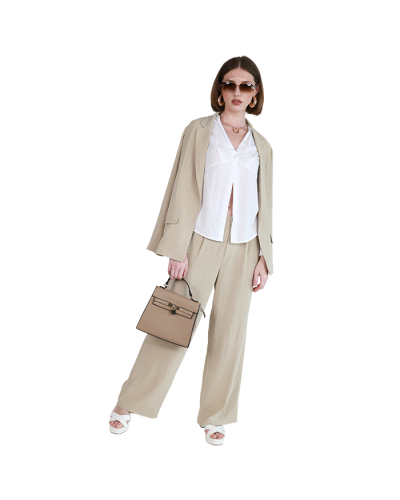 The women's contemporary model wears the khaki-colored 