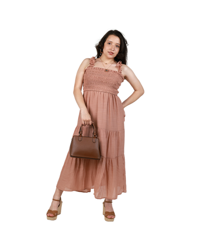 The women's contemporary model wears a clay-colored 