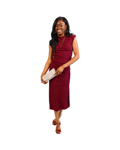  “Papermoon” Babydoll Ruffle Tiered Halter Top in Burgundy paired with  “Iberria” Scuba 1 Button Front Seam Flare Dess Pants and “Top Moda” 4” Block Heel Square Toe Rope Strap Heels.