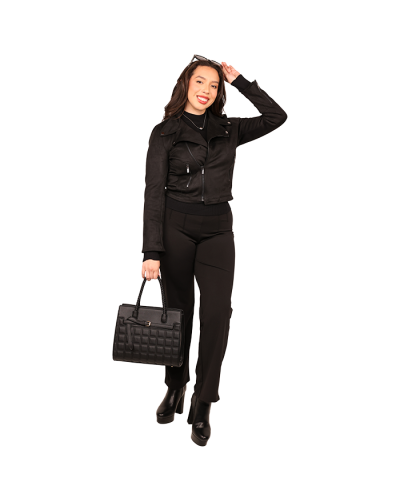 The women's contemporary model wears the black 