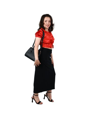The women's contemporary model wears the red 