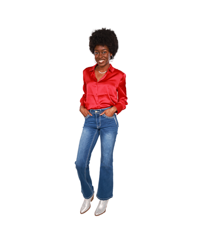 The female contemporary model wears our red "Ambiance" Long Sleeve Satin Button Down Shirt, "Rebel" 32" 1-Button Medium Wash Denim Bootcut Jeans, and the silver "Forever" Short Rhinestone Western Booties.