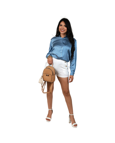 The women's contemporary model wears the blue and white 