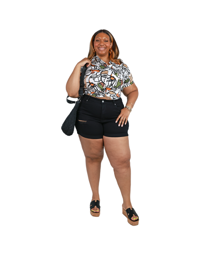 "Thread" Short Sleeve Knot Button Down Printed Top