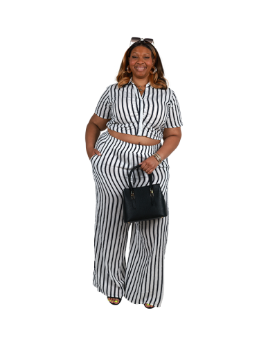 "Profile" Striped Short Sleeve Ruched Button Down Top