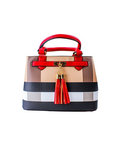 The black, white, beige, and red "Deluxity" Faux Leather Satchel Handbag with Mini Wallet is pictured here.