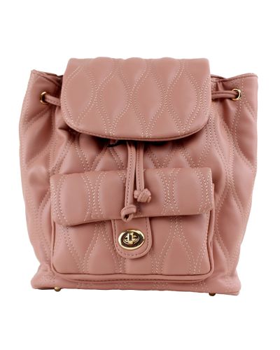 The pink "FDC" Drawstring Snap Flap Turn Lock Stitch Pattern Backpack is pictured here.