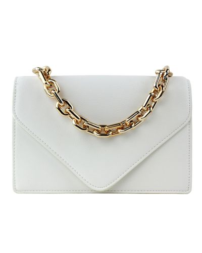 The white “Tops” Envelope Flap Pleather Purse with Gold Tone Chain is pictured here.