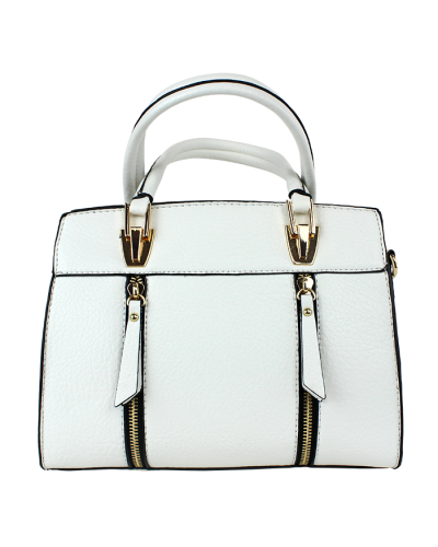 The white "FDC" Vertical Double Zipper Satchel Handbag is pictured here.