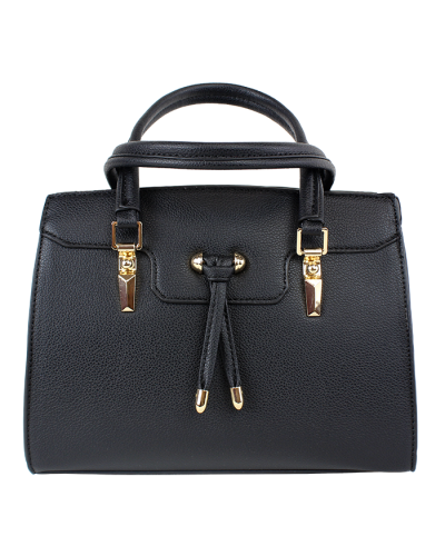 The black "FDC" Mini Tassel Small Pleather Satchel Handbag is pictured here.