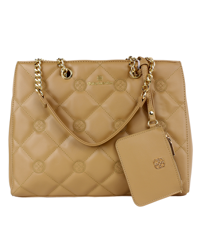 The camel-colored "Daisy" 2-Piece Quilted Stitch Satchel Handbag is pictured here.