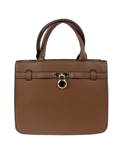The brown "FDC" Round Lock Satchel Handbag is pictured here.
