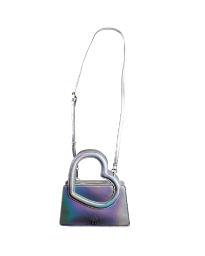 The iridescent silver metallic "Sensual" Paris Hilton Heart Handle Crossbody Satchel Bag is pictured here.