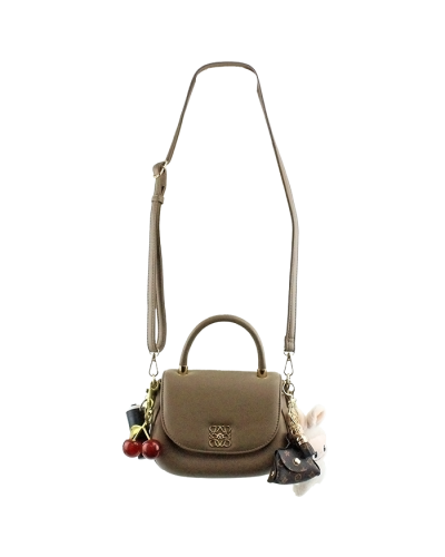 The taupe "Tops" Gold Hardware Pleather Flap Satchel Crossbody Bag is pictured here.