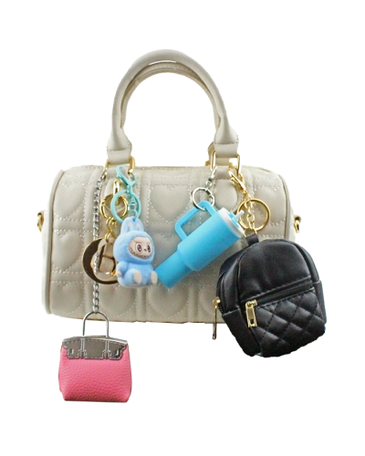 The white "Tops" Embossed Barrel Satchel Handbag with Charm is pictured here.