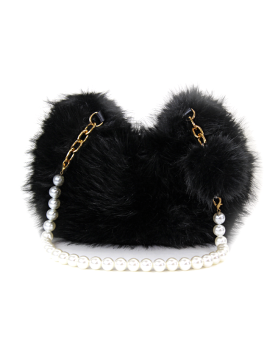 "Century" Faux Fur Hobo Bag with Pearl Chain & Pom Charms