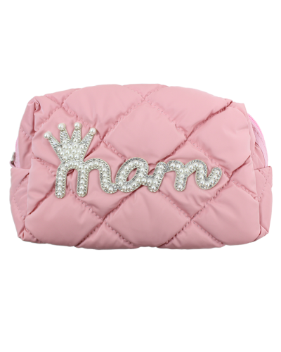 The "Odin" Mom Pink Quilted Pearl Rhinestone Makeup Travel Bag is pictured here.