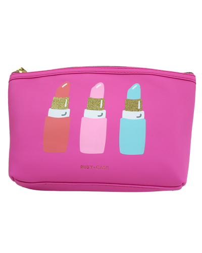 The pink "Kennedy" Lipstick Print Dome Cosmetic Travel Bag is pictured here.