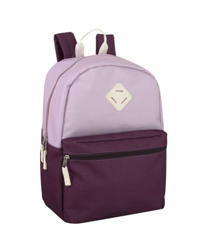 Pictured here is a lavender and purple "AD Sutton" 13" x 17" Bi-Colorblock Backpack with white accents.