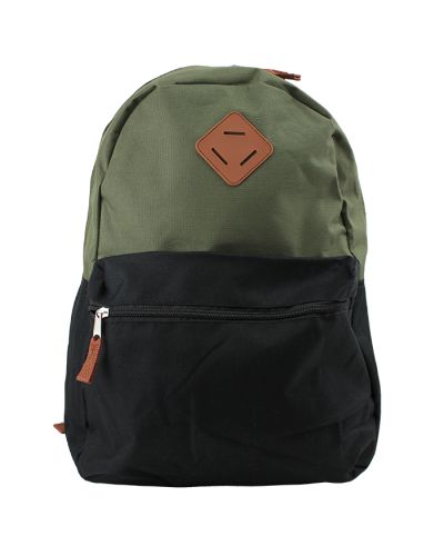 Pictured is a green and black "AD Sutton" Color Block Two Pouch Backpack.