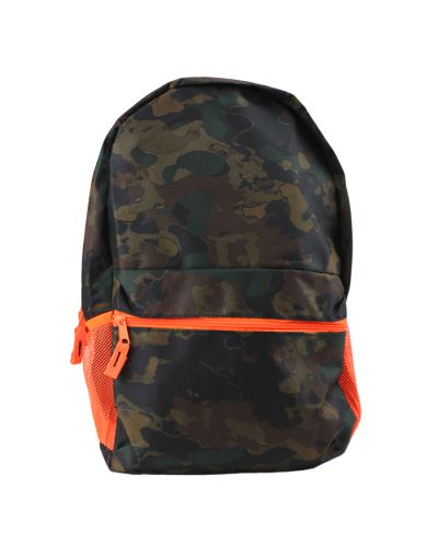 Blend into any environment with our "AD Sutton" Camouflage Orange Accented Double Pocket Backpack. This 17" book bag is suitable for carrying large and small supplies, with the double pocket design to keep things simple and organized.