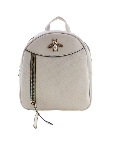 The ivory "Tops" Quilted Pebbled Pleather Insect Brooch Mini Backpack is pictured here.