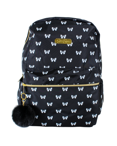 The "Jessica" Simpson Black Bow Pom Charm Backpack is pictured here.