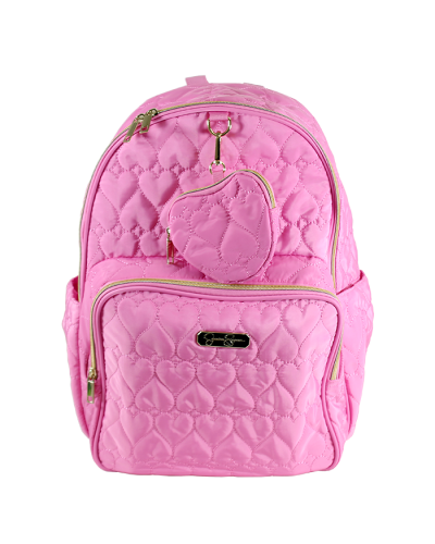 The "Jessica Simpson" Pink Nylon Quilted Heart Backpack is pictured here.