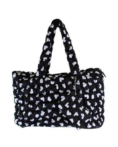 "OMG" Black Hearts Quilted Large Tote Bag with Coin Purse