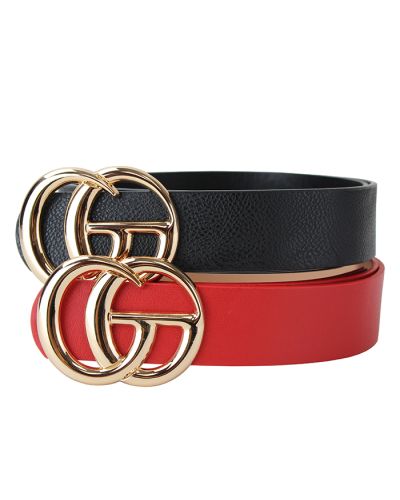 The black and red “Illuma” 2-Pack Faux Leather Belts with Gold Tone Buckle are pictured here.