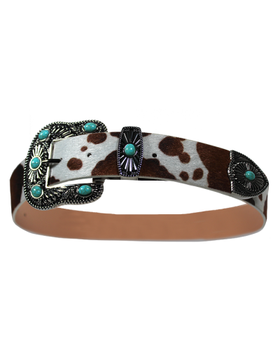 "ILLUMA" Brown & White Western Cow Print Belt with Teal Stones