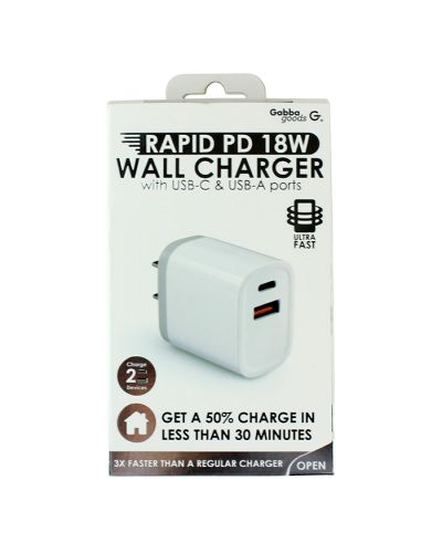 Gabba Goods Rapid PD 18w Wall Charger with USB-C & USB-A Ports 