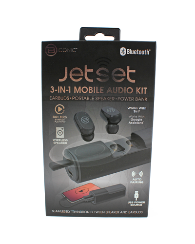 The black "ByTech" Jetset 3-in-1 Bluetooth Mobile Audio Kit is pictured here.