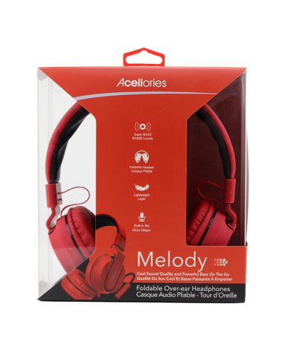 Pictured here is the front packaging of the red "Acellories" Melody Foldable Over-ear Headphones.