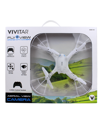 The white "Sakar" Vivitar Fly View Remote Controlled Drone is pictured here.