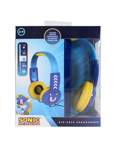 Front view of Sonic the Hedgehog wired volume limiting headphones packaging