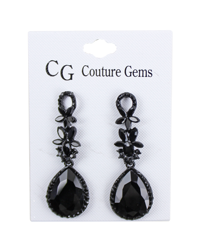 "Forever" Black Rhinestone Flower with Large Teardrop Earrings