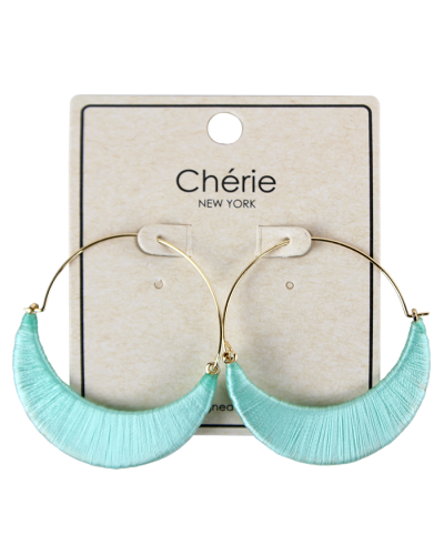The blue "Pink" Thread Crescent Textile Hoop Earrings are pictured here.