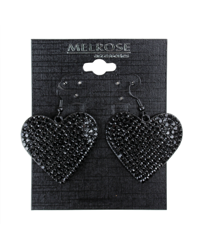 The "Alina" Black Heart Rhinestone Dangle Earrings are pictured here.