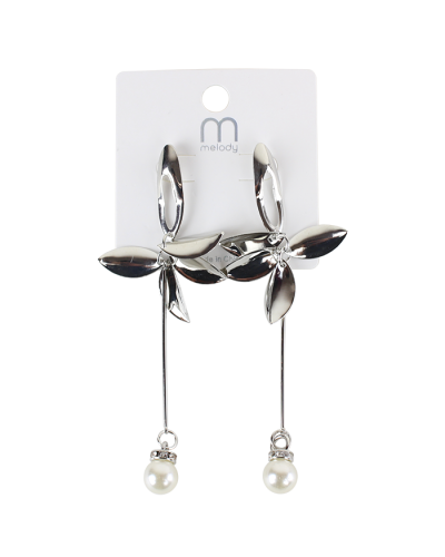 "Odin" Silver Metal Flower Pearl Dangle Earrings