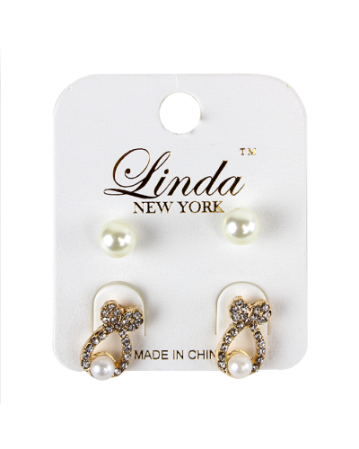 "Linda" 2-Pair Pearl Bow Rhinestone Studded Earrings