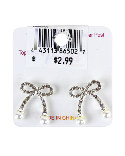 The silver "Top" Pearl Tipped Bow Stud Earrings are pictured here.