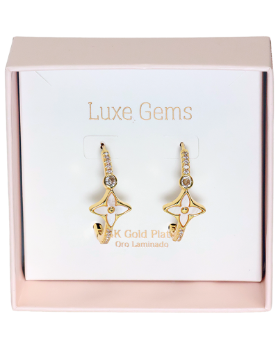 Gold White Clover Gold Plated Rhinestone Hoop Earrings