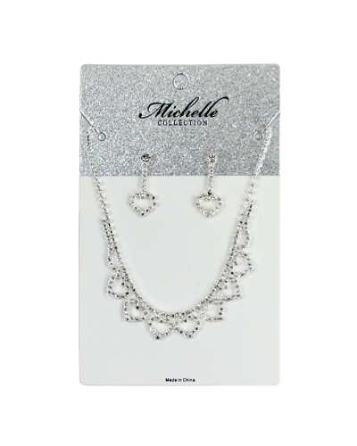 The silver "Odin" Rhinestone Hearts Earrings and Necklace Set is pictured here.