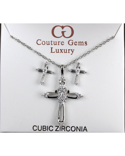 "Forever Fashion" Silver Long Cross Necklace and Earrings Set