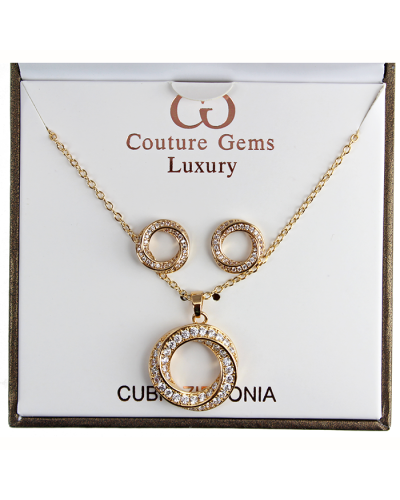The gold "Forever" Boxed Rhinestone Swirl Necklace and Earrings are pictured here.