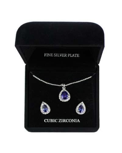 The "American Exchange" Silver Blue Gem Necklace and Earrings Set is pictured here.